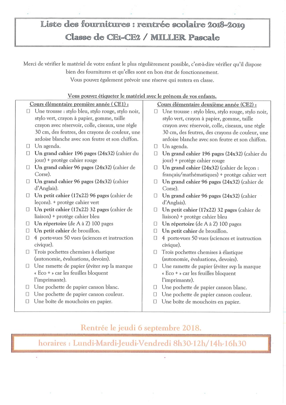 Liste des fournitures scolaires Année scolaire 2018/2019